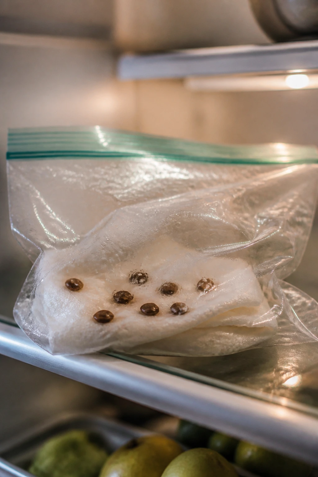 Pear seeds wrapped in damp paper towel inside a plastic bag for stratification