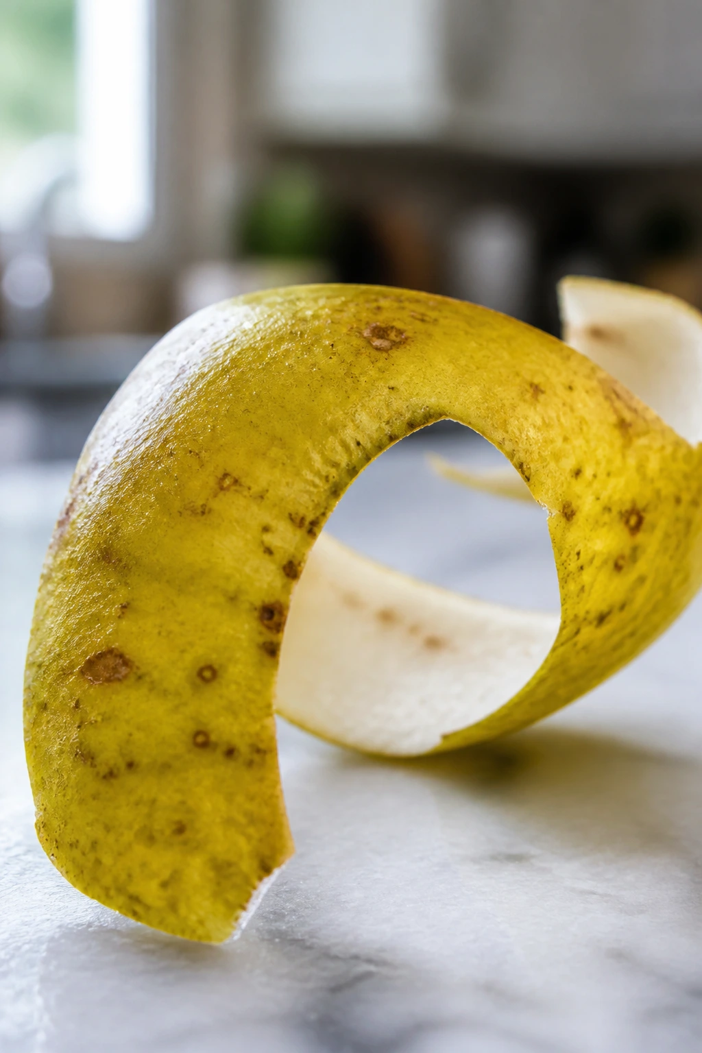 Can You Eat Pear Skin? Find Out If You Can Eat It! 2 Extreme close-up of a curling pear skin sheet dominating the frame.