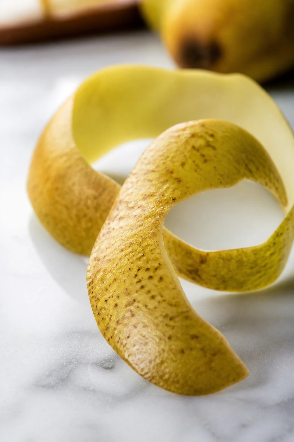 Can You Eat Pear Skin? Find Out If You Can Eat It! 4 Close-up of a thin strip of pear skin curling on a clean surface.