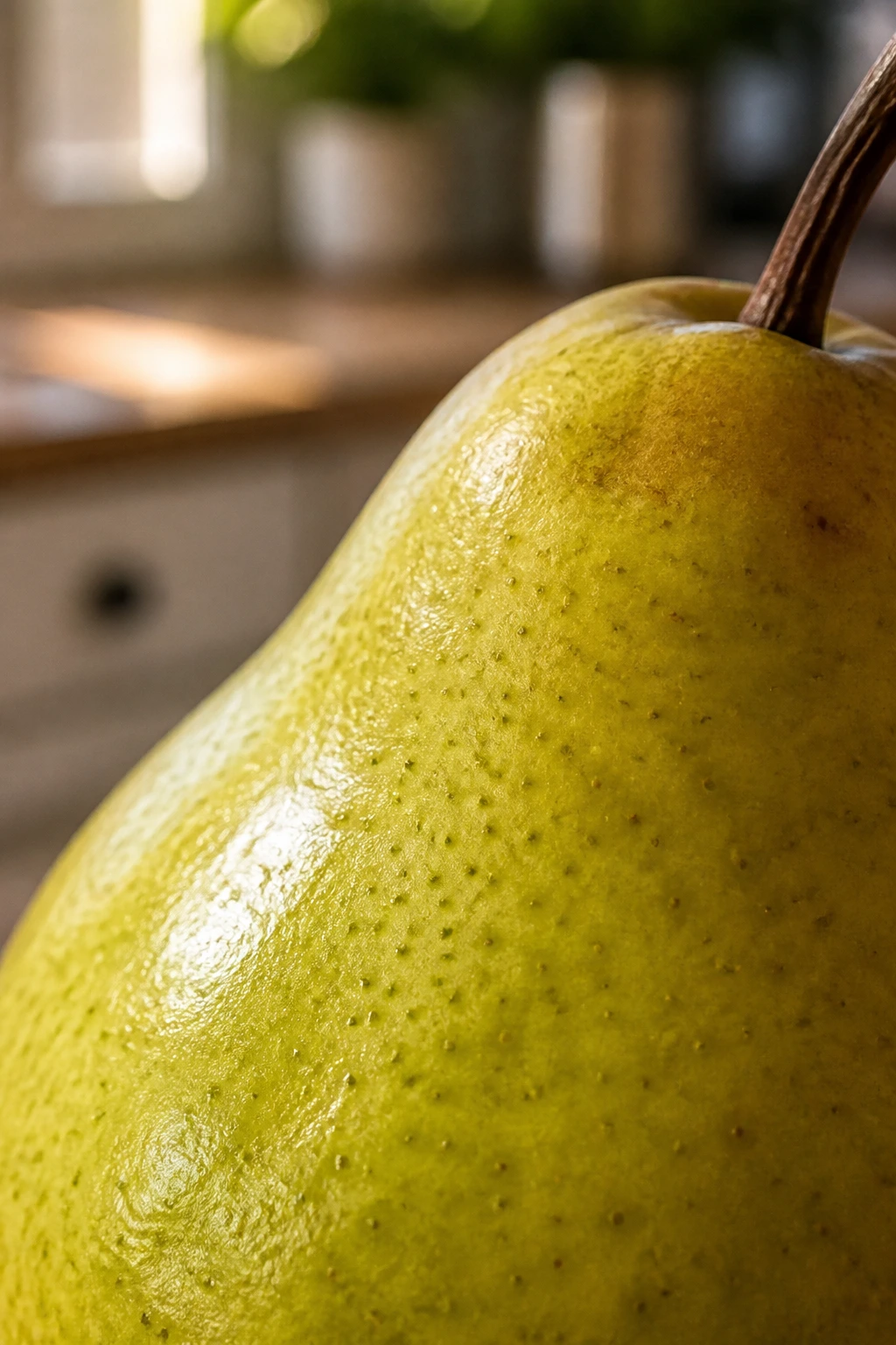 Can You Eat Pear Skin? Find Out If You Can Eat It! 1 Close-up of glossy pear skin texture with color gradient in a warm kitchen.