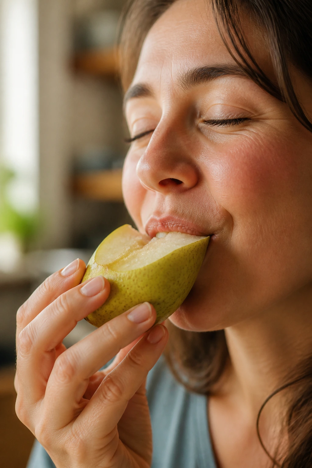 Texture Matters: Why Are Pears Gritty? 9 Close-up portrait of a real person savoring a pear in the kitchen