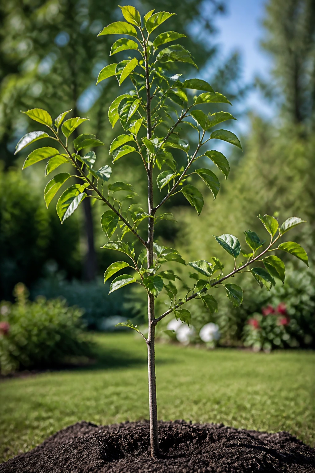 Young pear tree in sunlit garden filling the frame