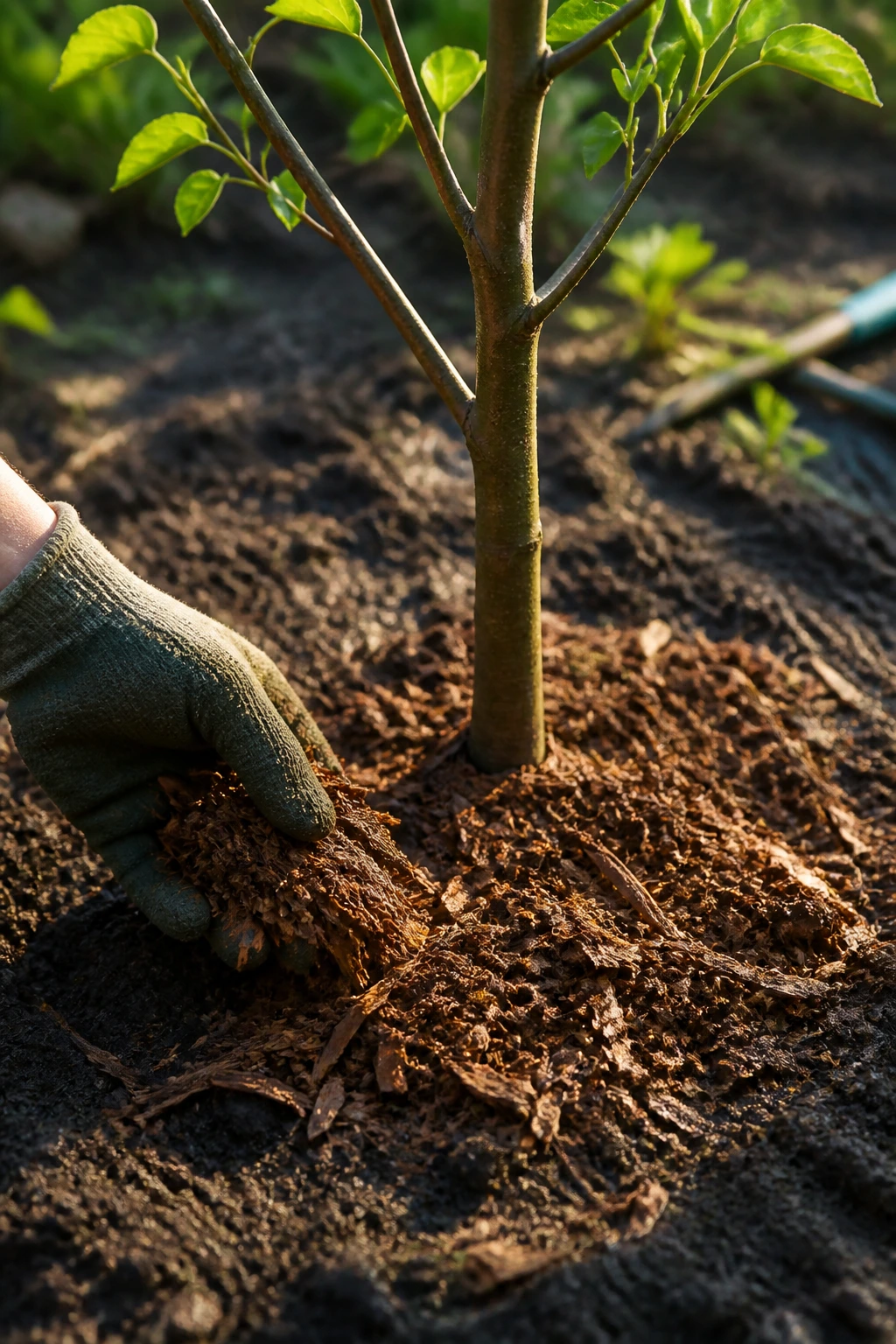 Close-up of mulch around base of growing pear tree in a garden