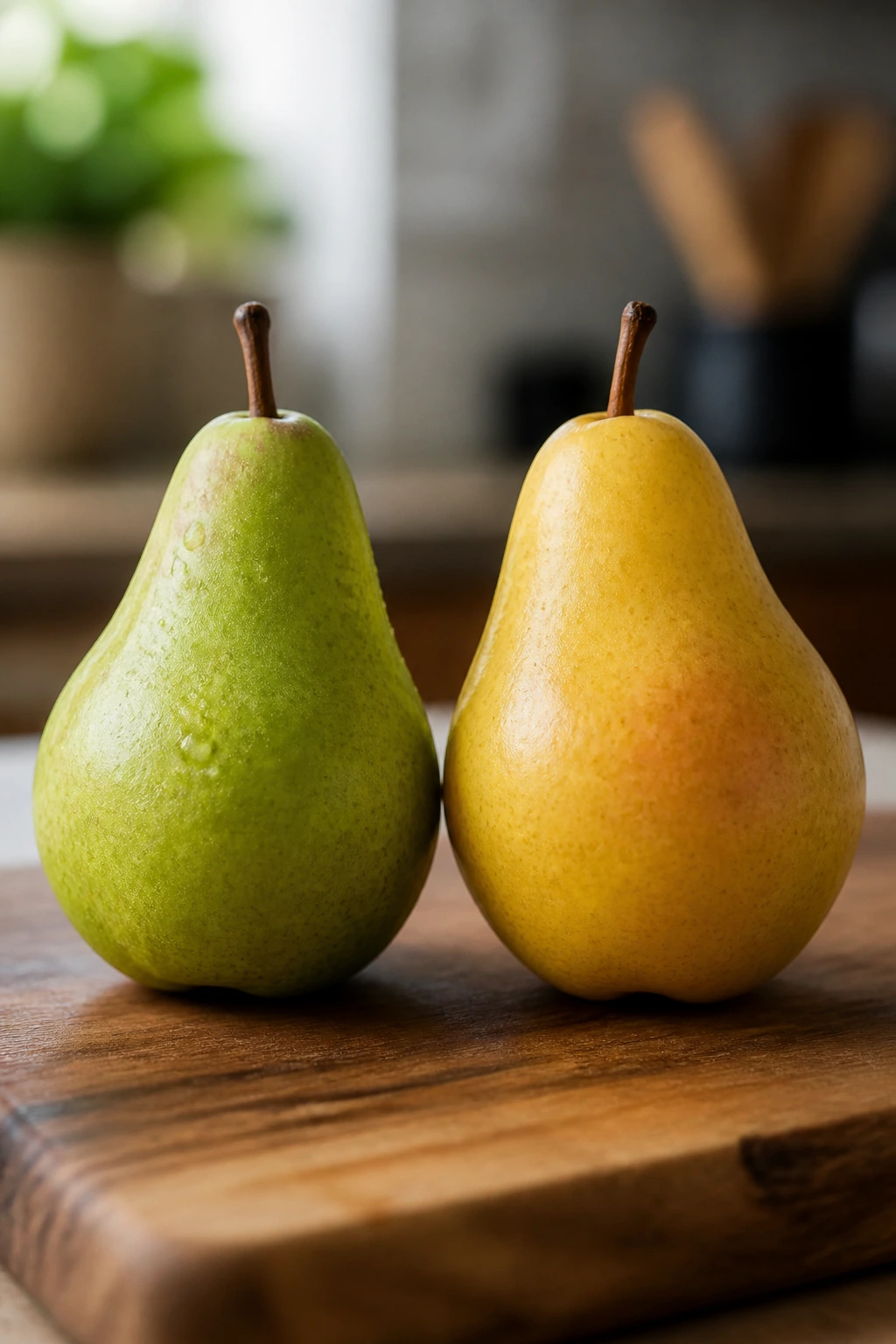 Two pears at different ripeness on a wooden board