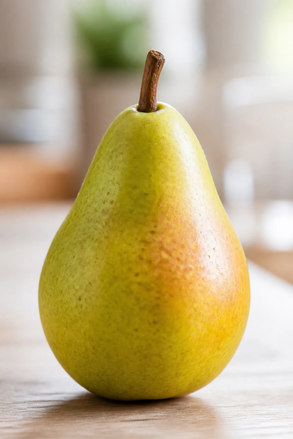 Pear on wooden surface in bright kitchen light