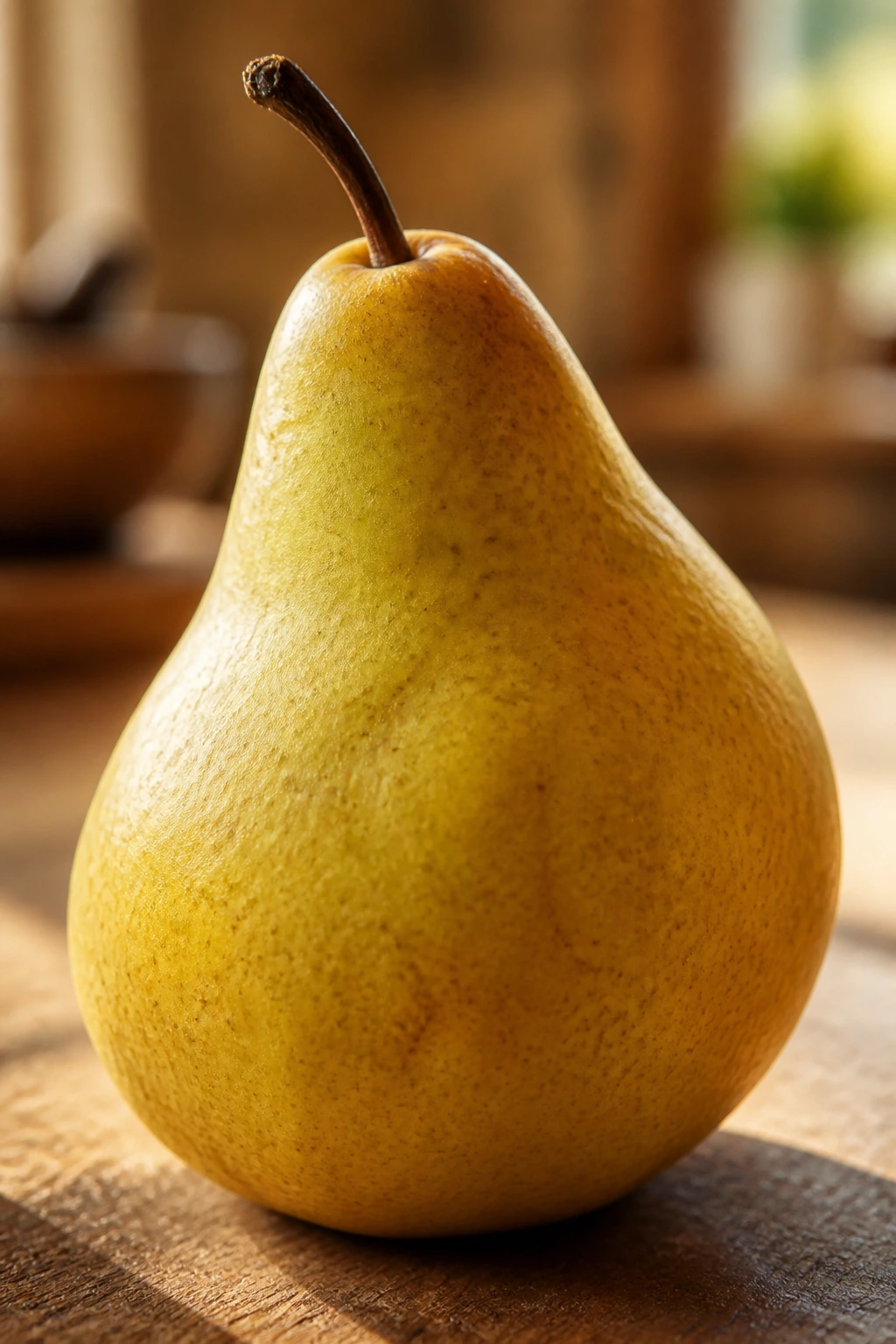 Close-up of a ripe pear with textured skin on a wooden kitchen counter