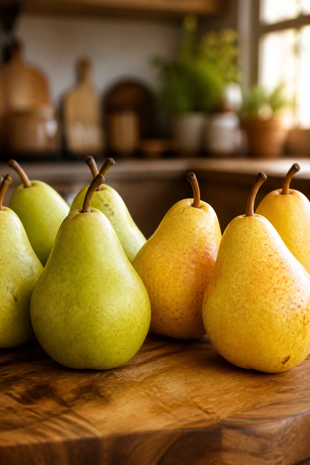Anjou Vs Bartlett: The Ultimate Pear Comparison 6 Pears on cutting board in a warm kitchen setting