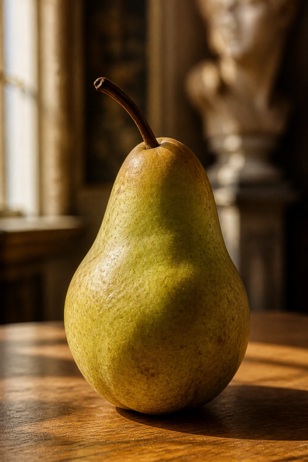 Pear on a wooden table with warm light and cultural interior background