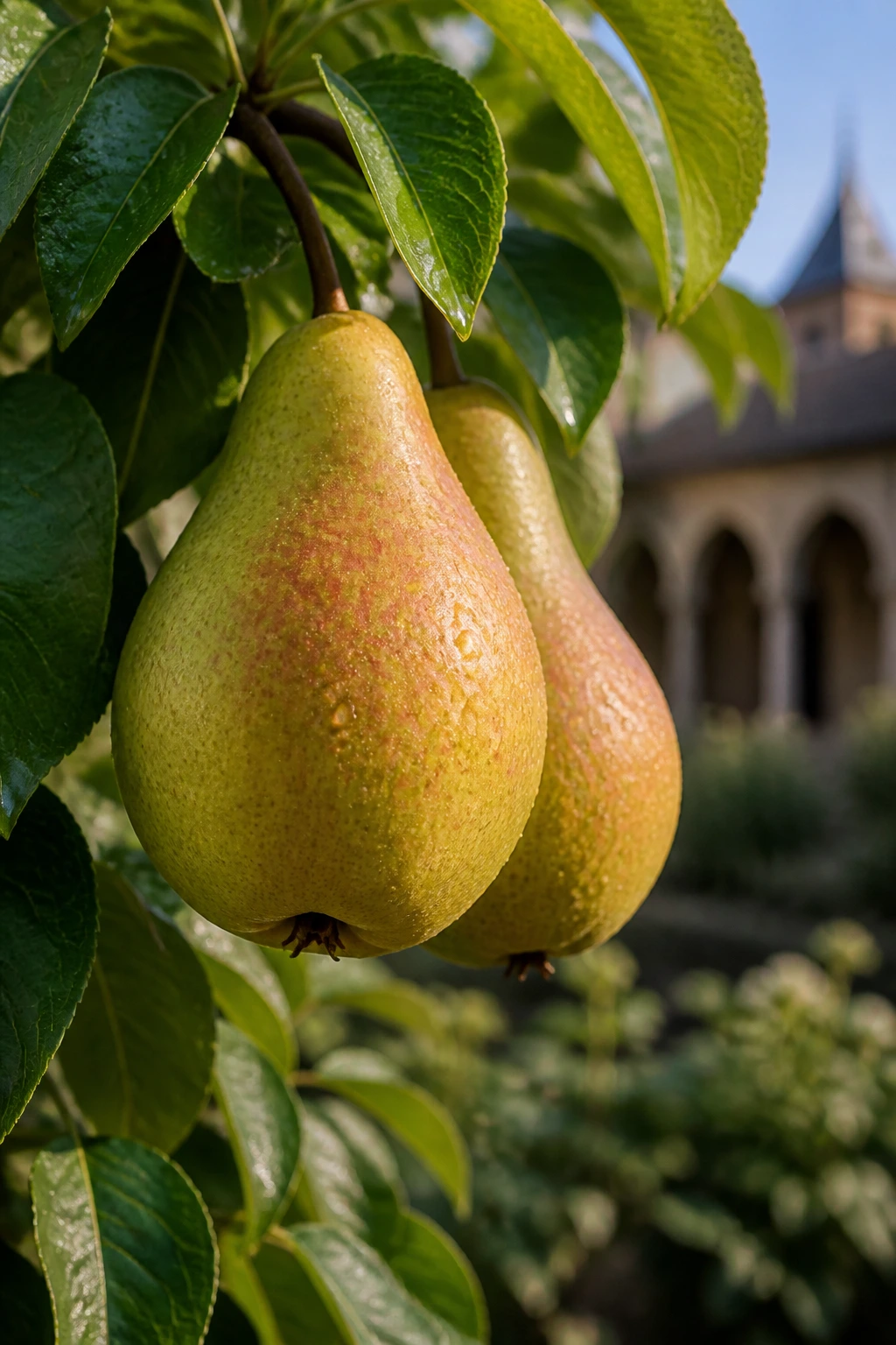 Pears on a branch in a monastery garden in soft focus