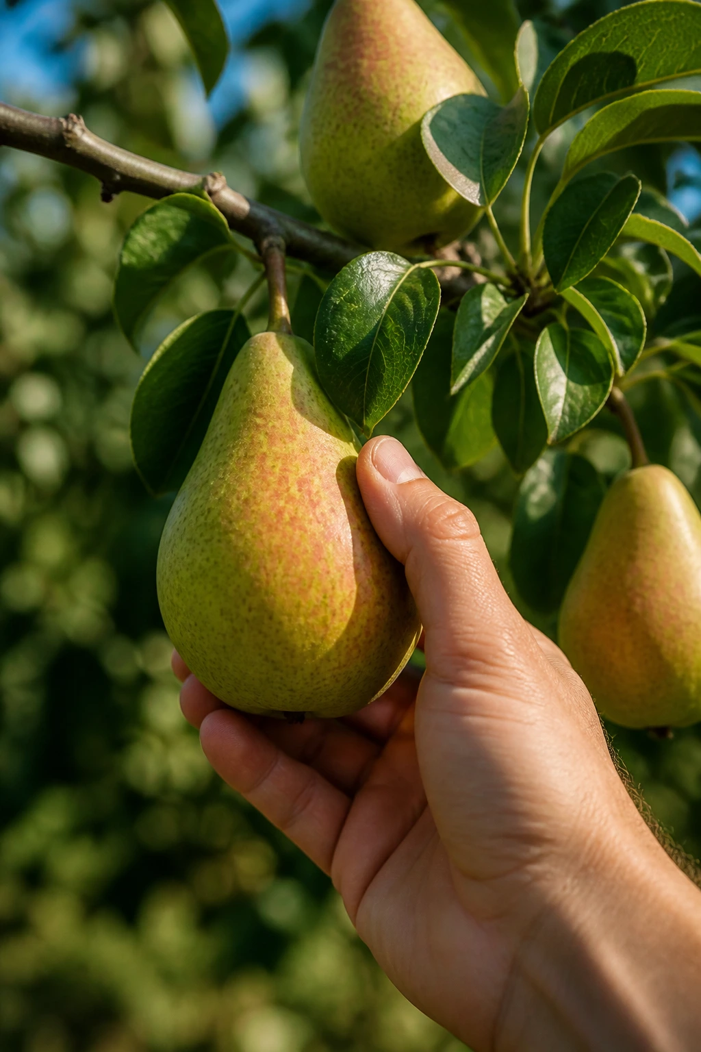Ripe pear being gently picked from tree