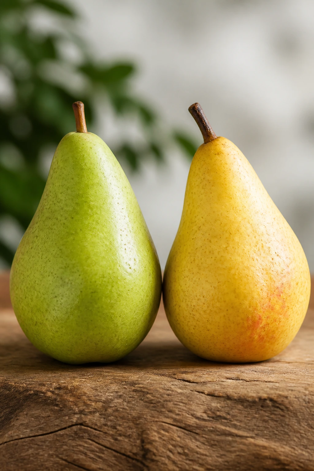 Anjou Vs Bartlett: The Ultimate Pear Comparison 5 Green Anjou and yellow Bartlett pears on a wooden board