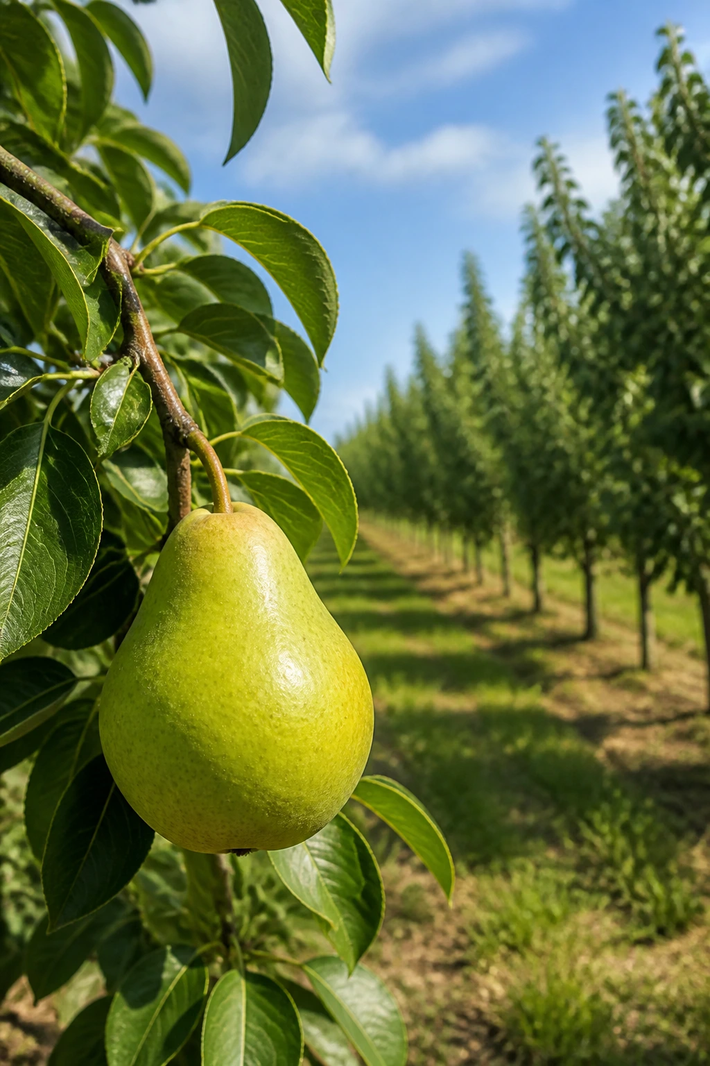 Glossy pear on branch in a modern orchard under bright daylight