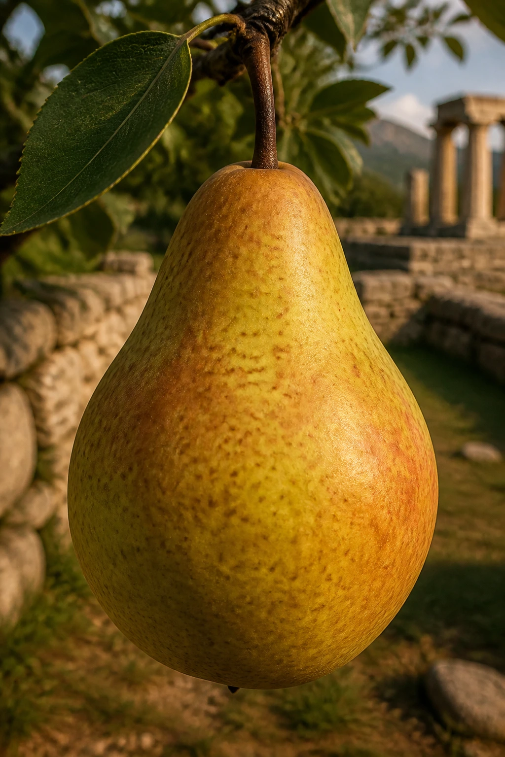 Close-up of a single ripe pear in an ancient orchard setting