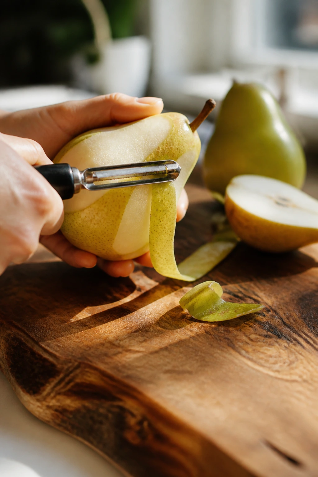 Can Bearded Dragons Eat Pears? Are They A Safe Choice? 12 Close-up of a pear being peeled on a wooden cutting board in a sunlit kitchen