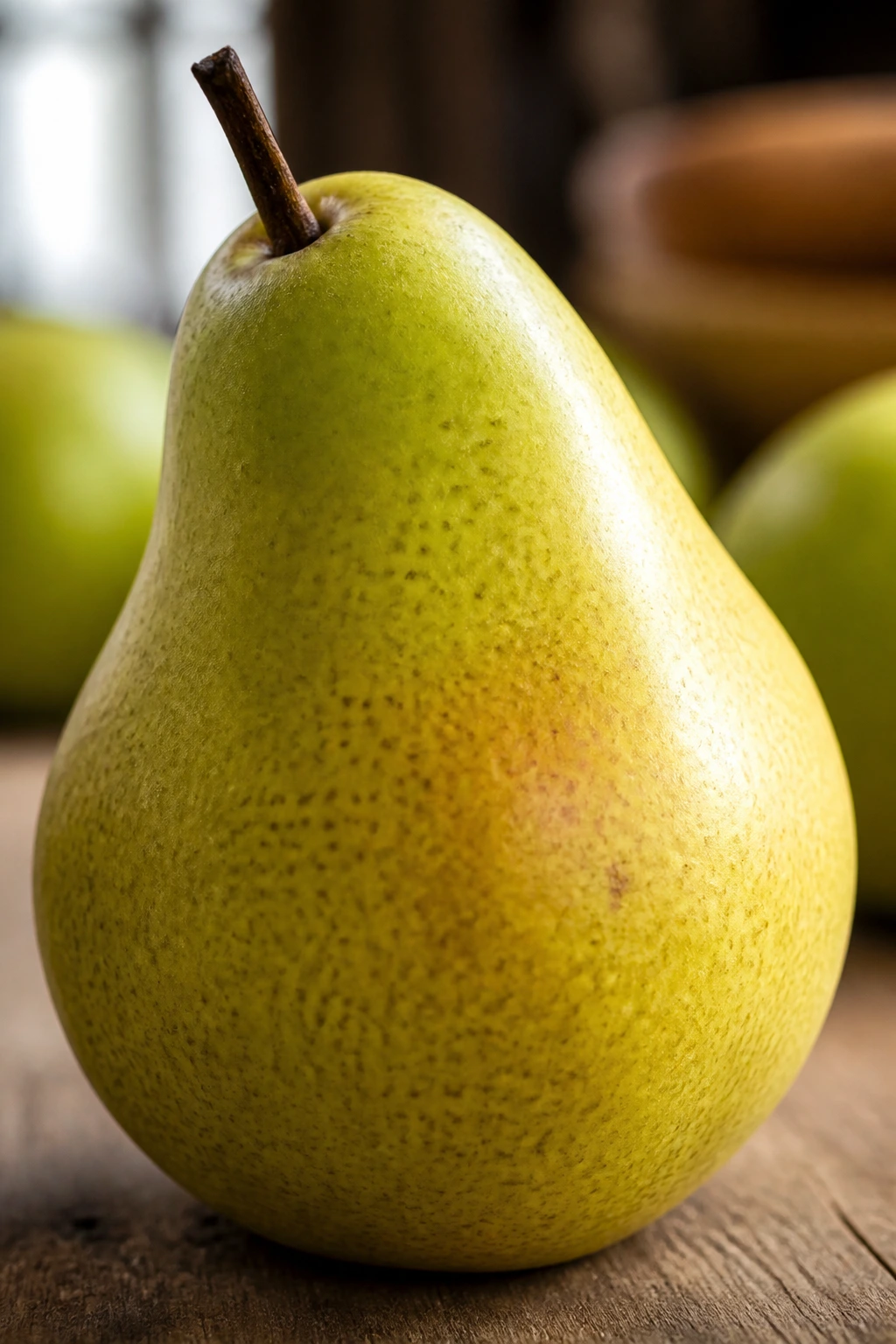 Close-up of a ripe pear on a wooden kitchen counter