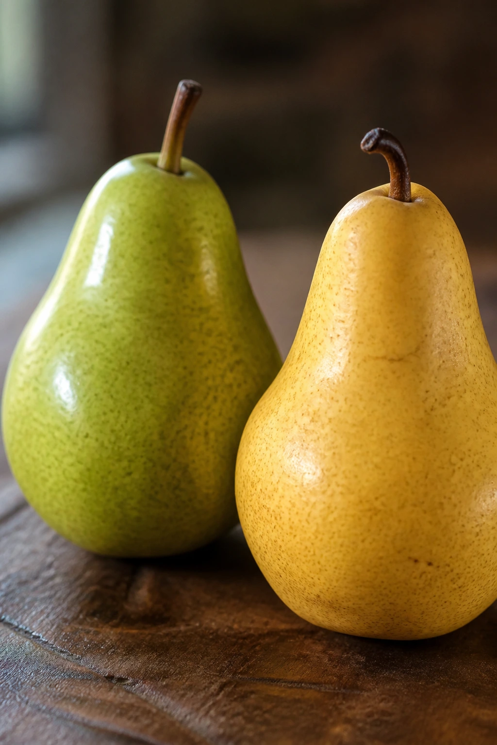 Anjou Vs Bartlett: The Ultimate Pear Comparison 3 Two pears (Green Anjou and Bartlett) on a rustic wood surface in natural light