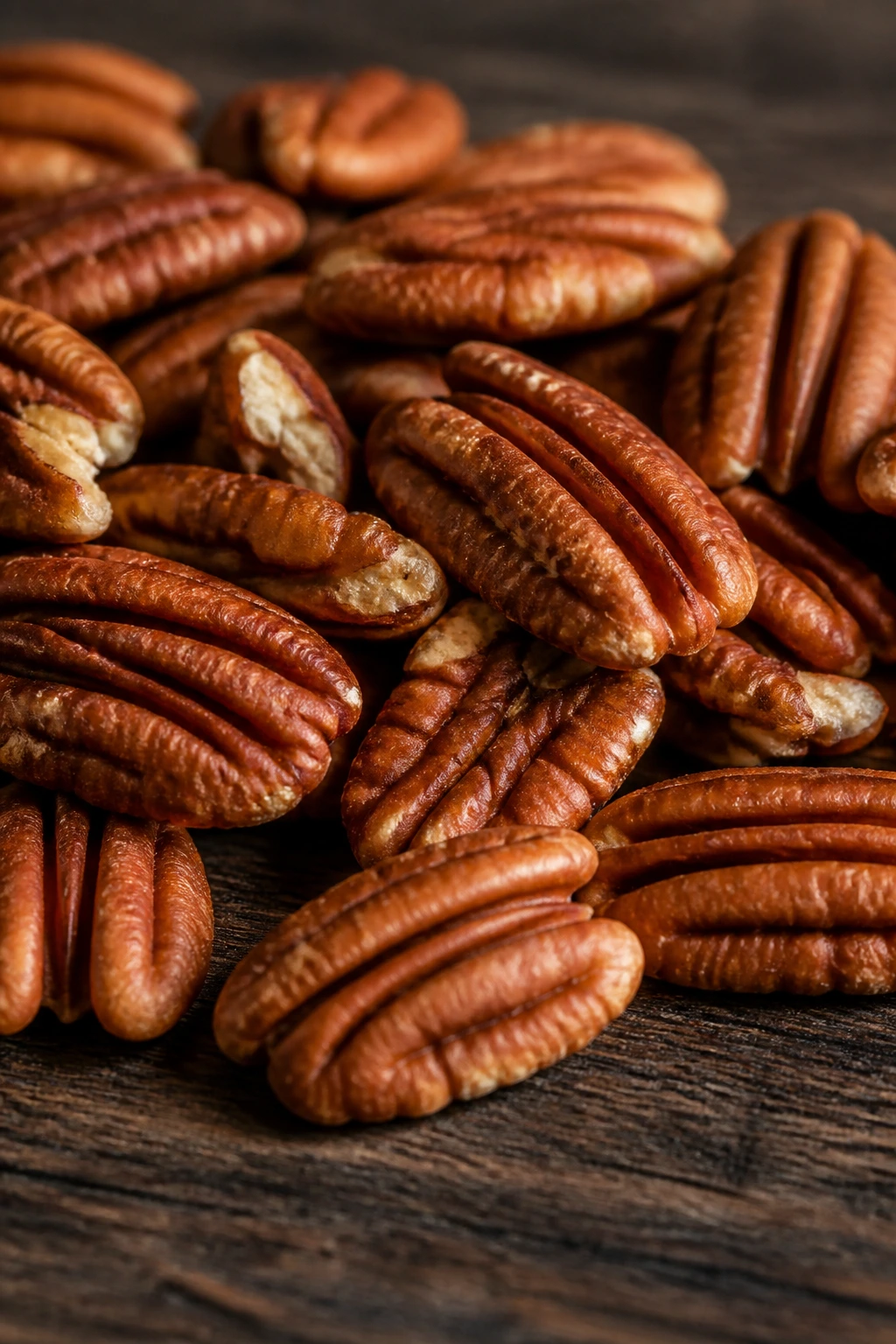 Banishing Breakouts: Are Pecans Good For Acne? 4 Pecans on dark wood with dramatic lighting