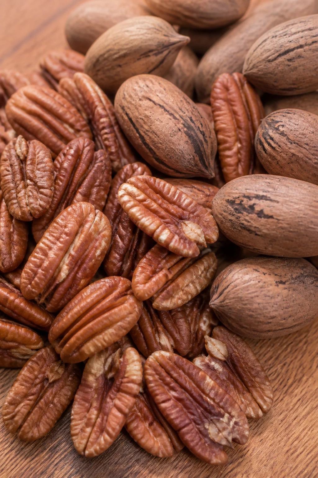 Banishing Breakouts: Are Pecans Good For Acne? 2 Close-up of pecans filling the frame on a wooden surface