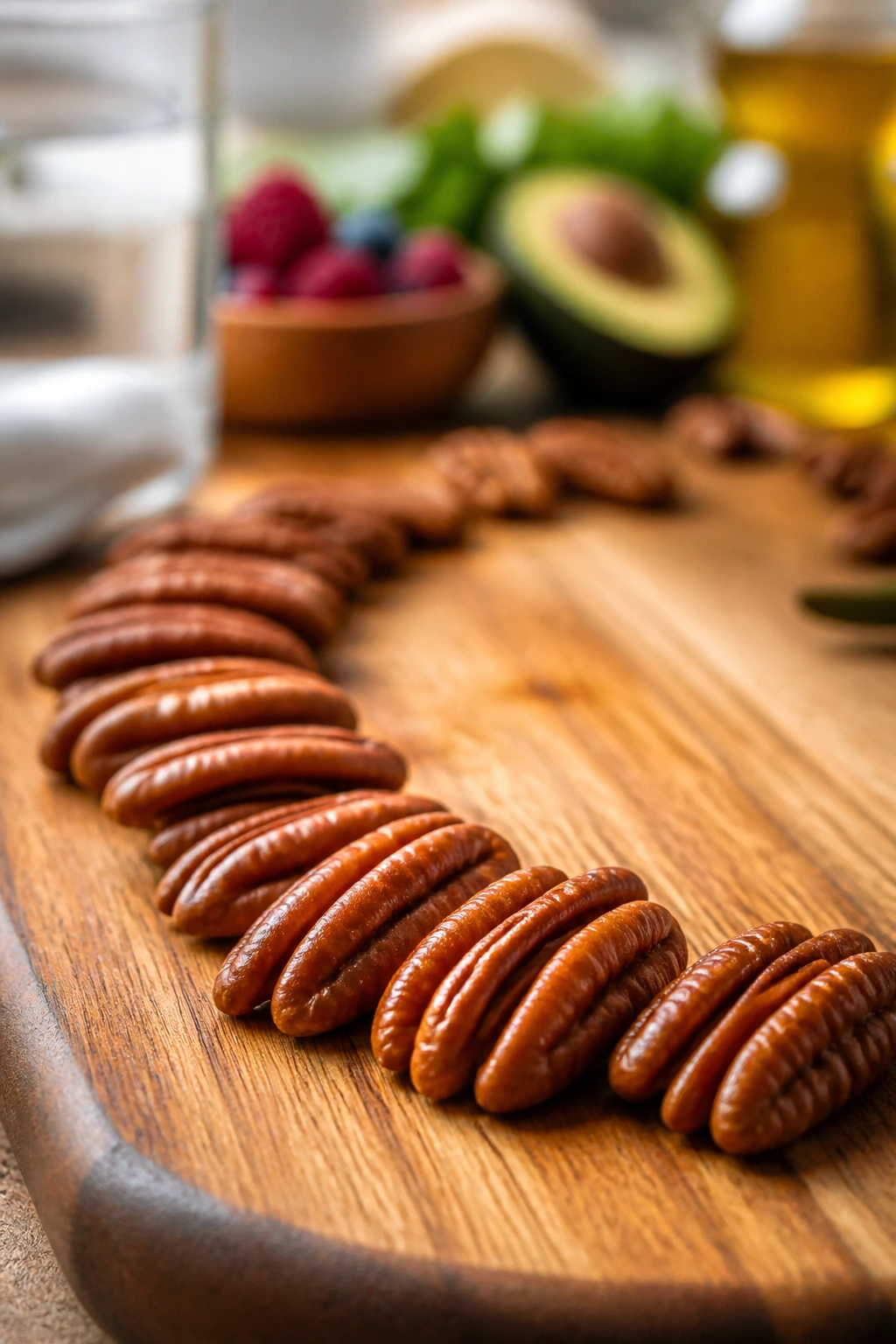 Banishing Breakouts: Are Pecans Good For Acne? 5 Pecans arranged on a wooden board in warm light