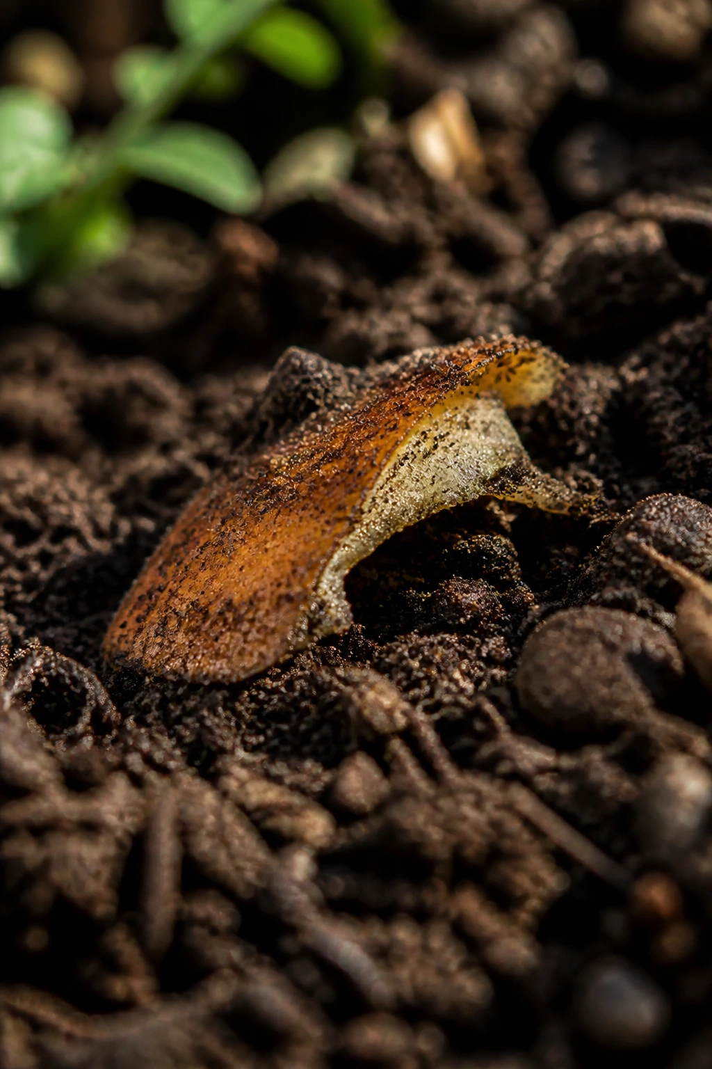 Fruit peel dissolving into soil during natural biodegradation