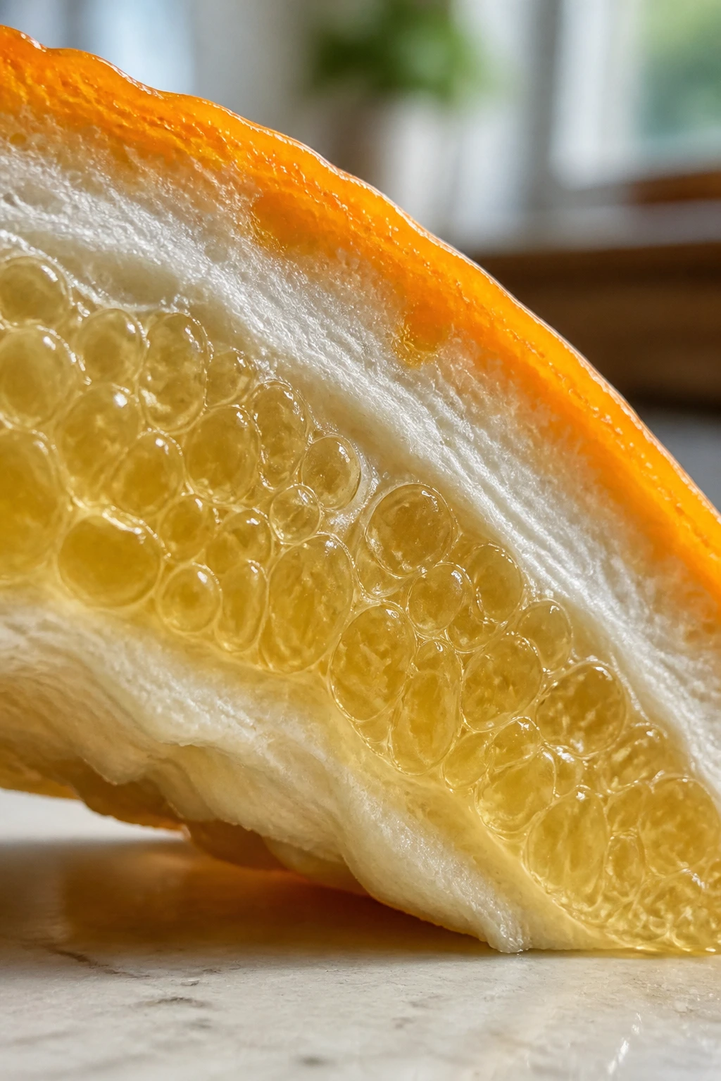 Macro close-up of citrus peel layers showing zest, pith, and oil glands