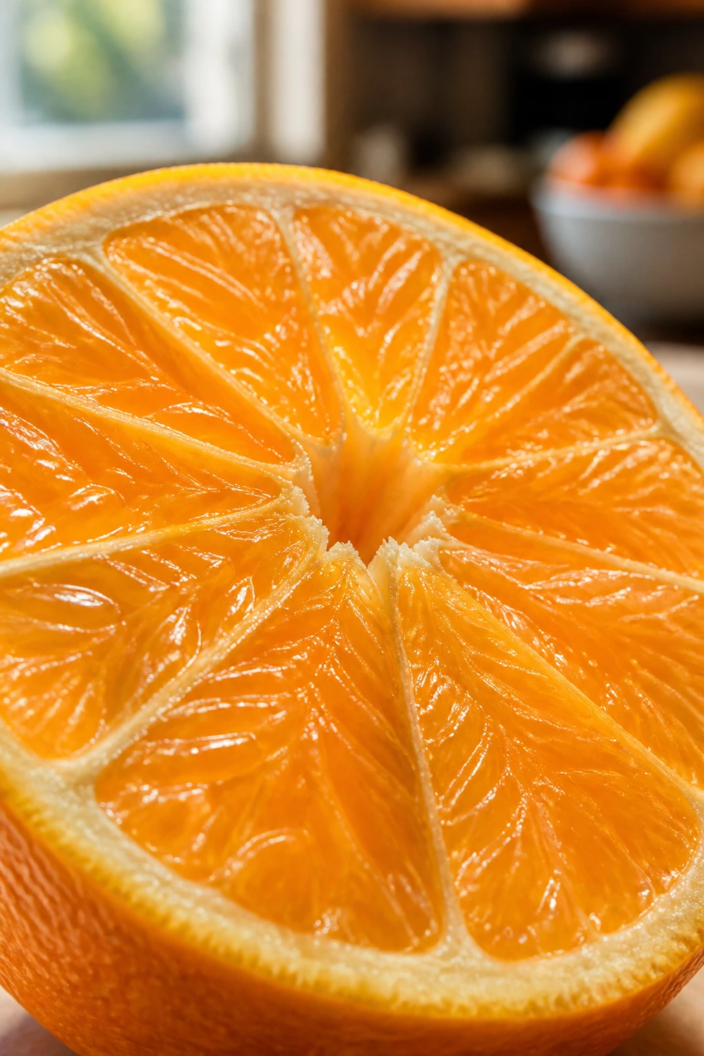 How To Eat A Navel Orange Properly:Â Step-By-Step Guide 2 Close-up of a peeled orange half showing juicy segments in a warm kitchen