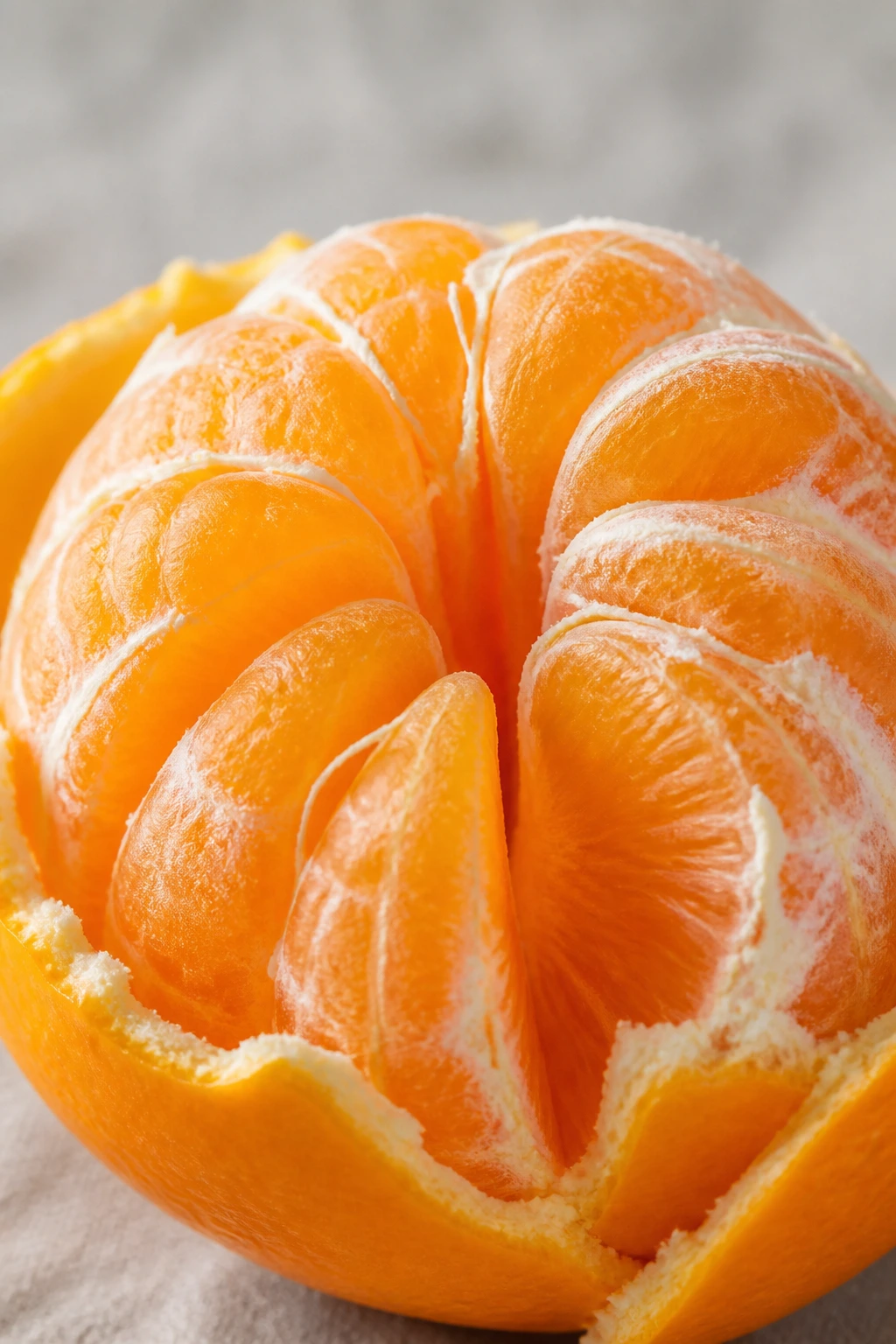 Peeled orange with exposed segments on a neutral background