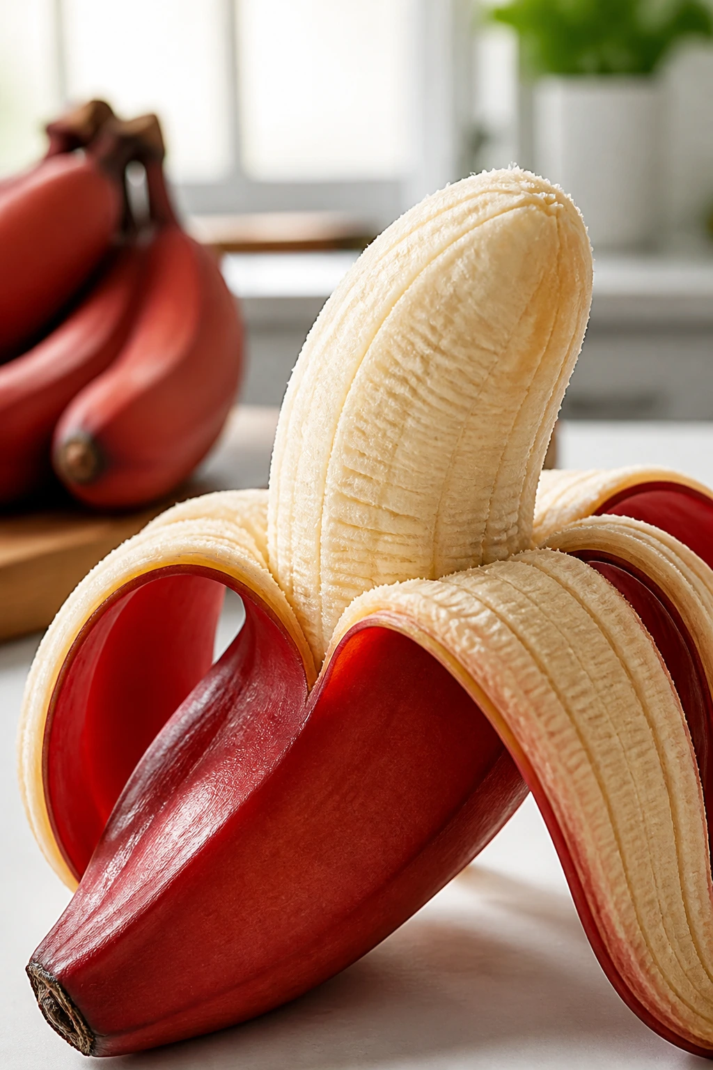 What Are Red Bananas? Description, Uses, Benefits, & More 6 Peeled red banana with creamy flesh on kitchen counter