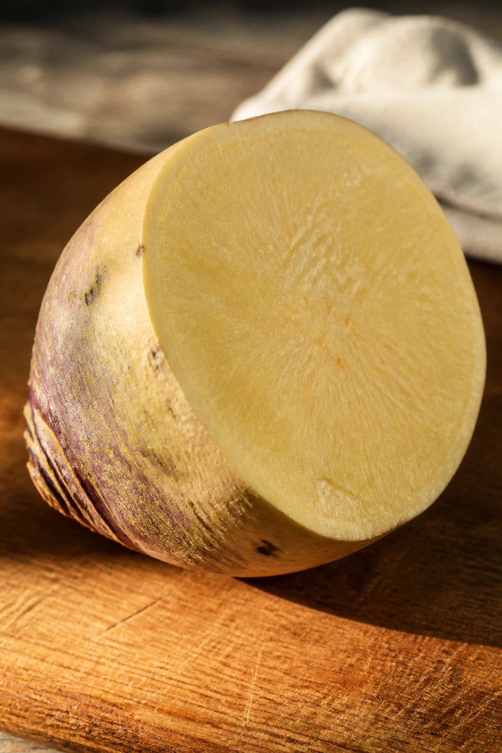 Peeled rutabaga half with yellow flesh on a wooden board