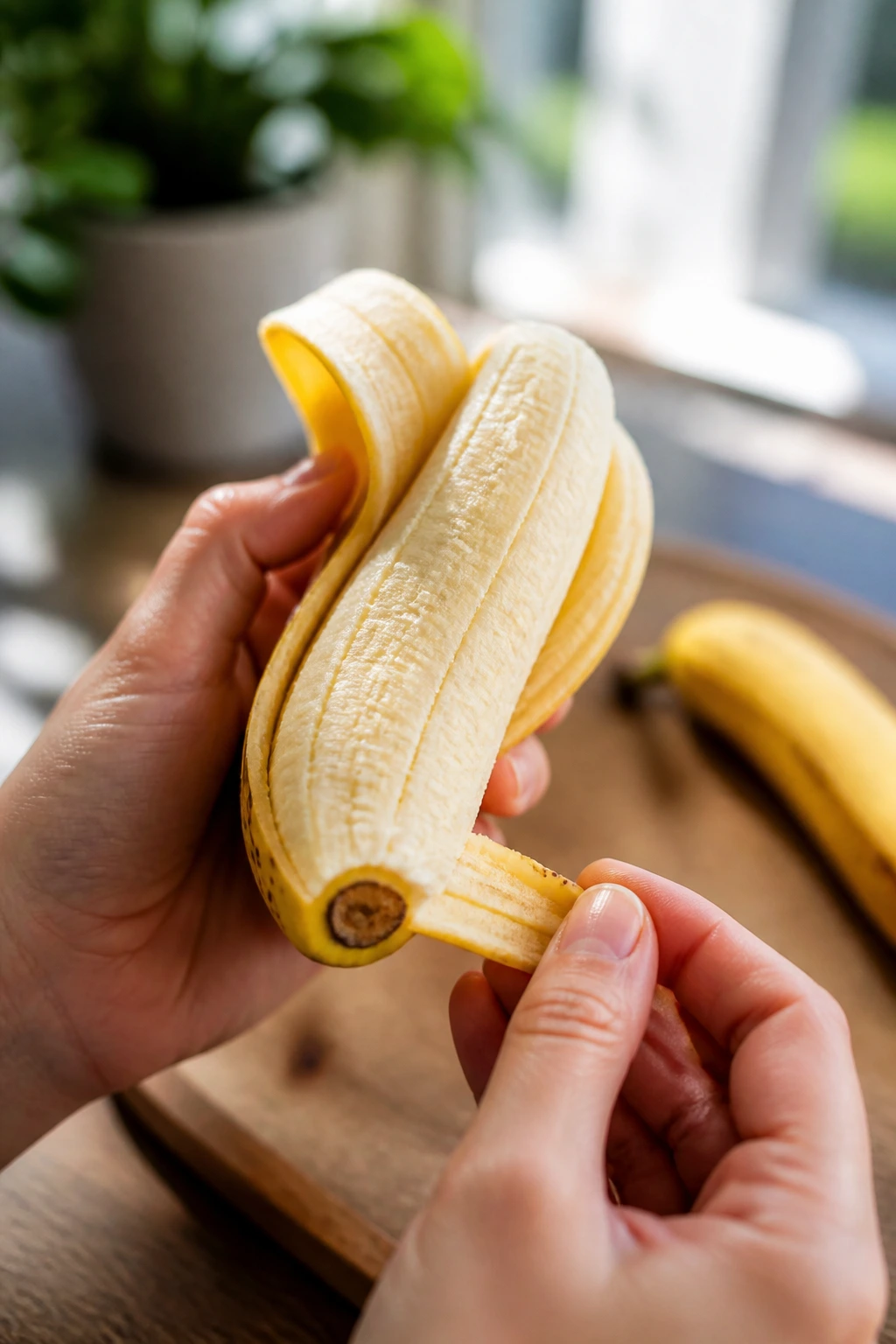 Close up of a banana being peeled from the bottom