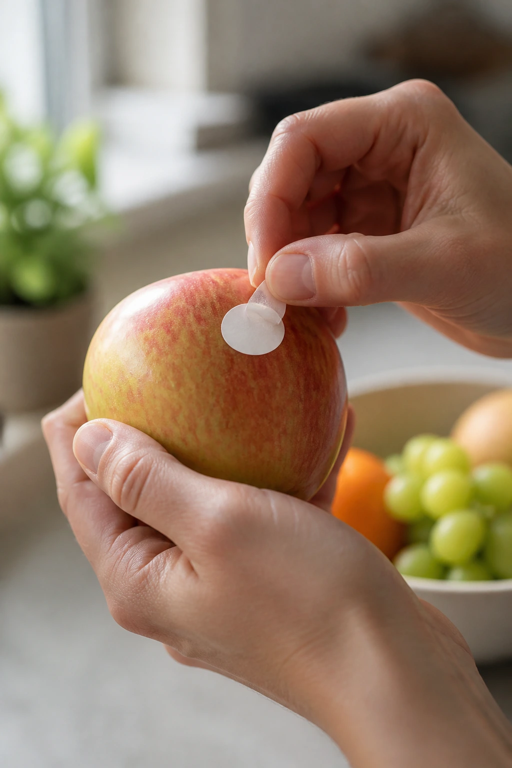 Understanding What Stickers on Fruits and Vegetables Mean 9 Hand peeling a sticker from fruit in a kitchen