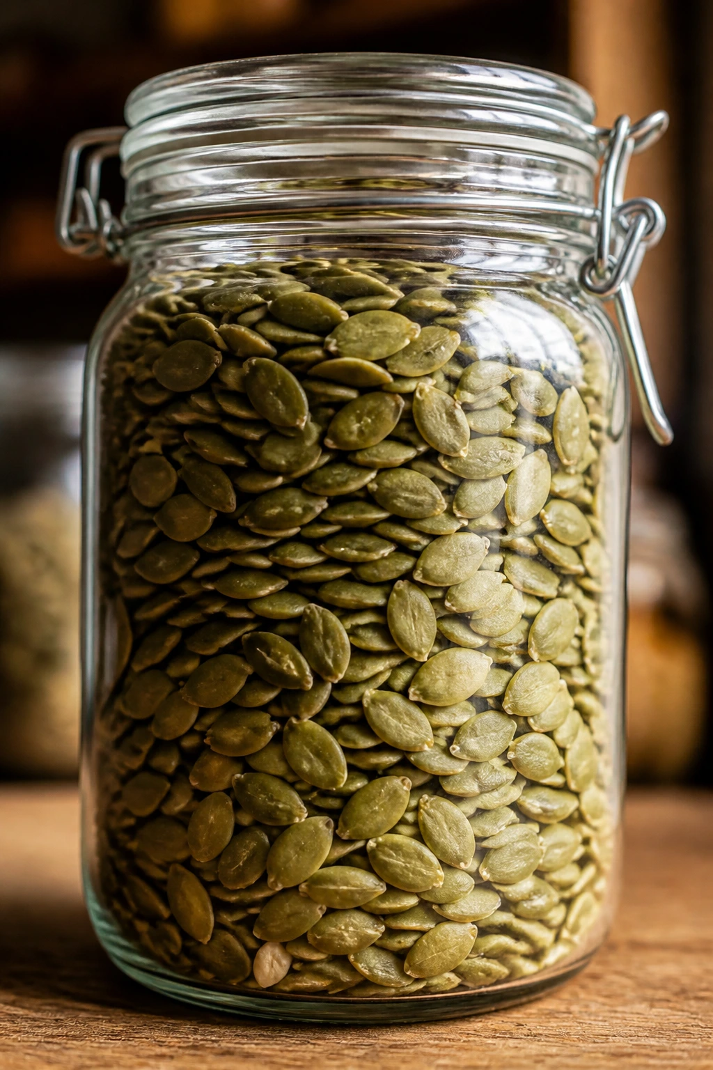 Airtight glass jar filled with pumpkin seeds on a pantry shelf