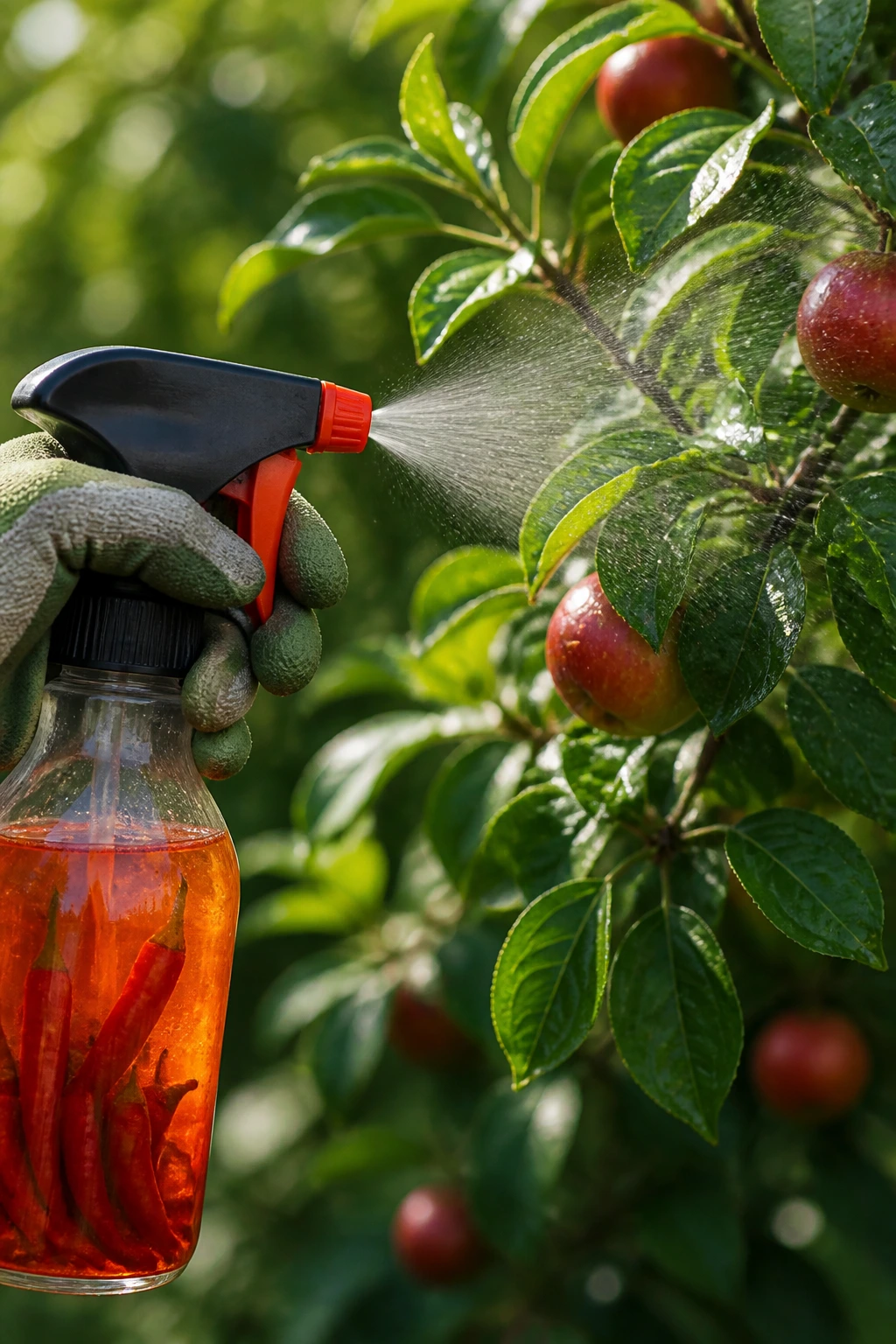 Close-up of pepper spray nozzle releasing mist onto a fruit tree in a garden