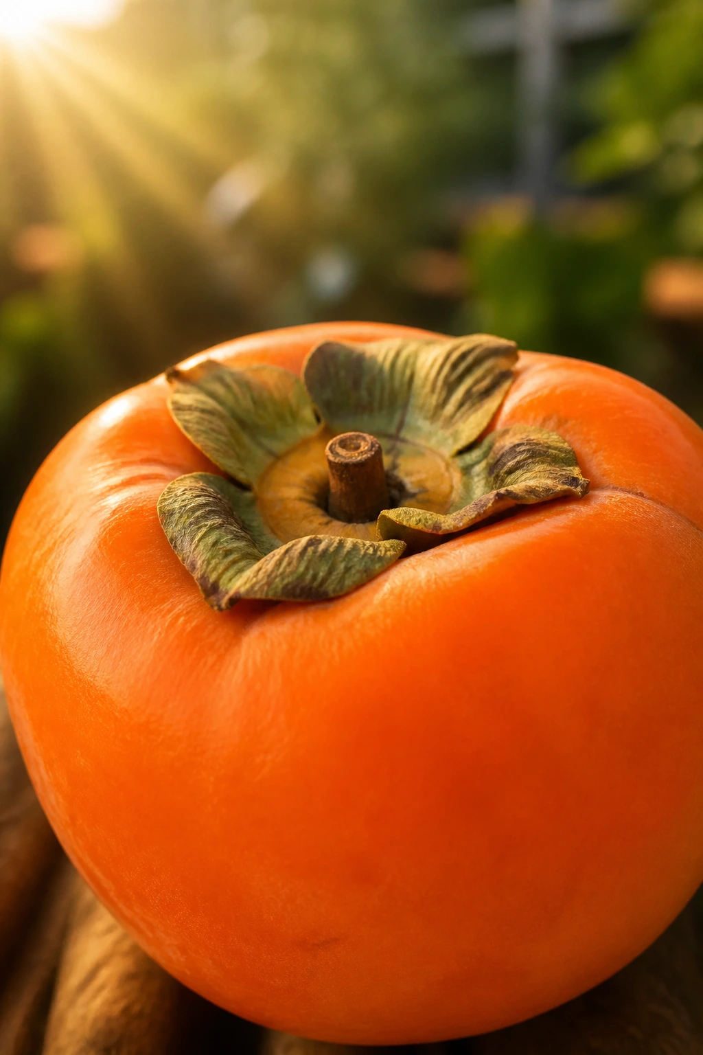 Close-up of a persimmon with rich orange color in a sunlit garden