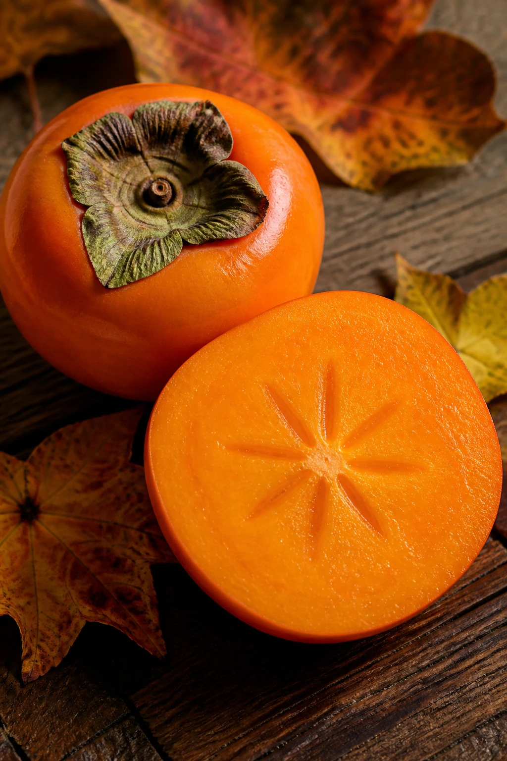 Ripe persimmon with sliced interior on a wooden surface