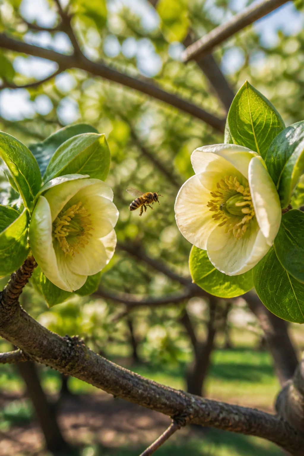 Close-up of persimmon blossoms on two trees with a bee in spring.