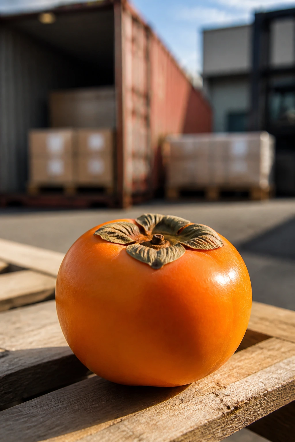 Persimmon with shipping background hinting at export
