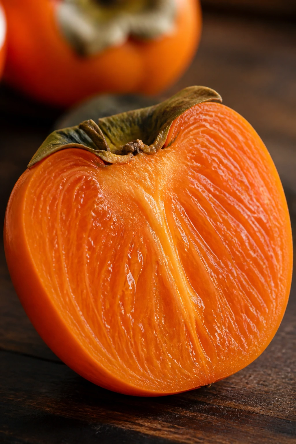 Are Persimmons Good For You? Here Are Its' Many Benefits 4 Halved persimmon showing fiber-rich flesh on dark wood