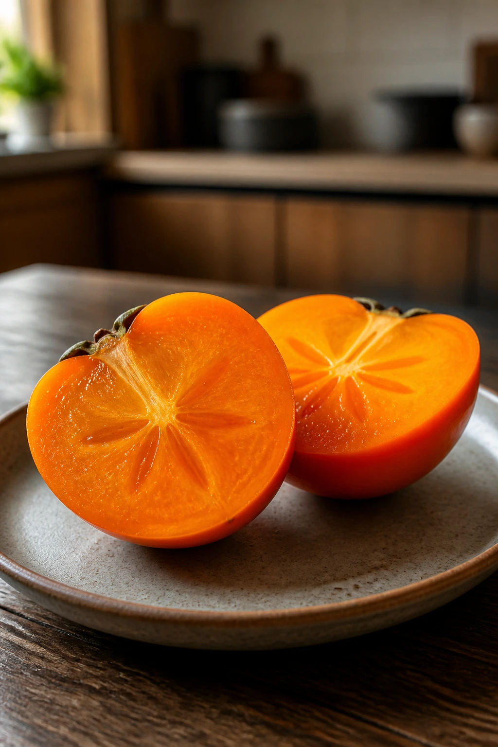Halved persimmon on a plate in a kitchen