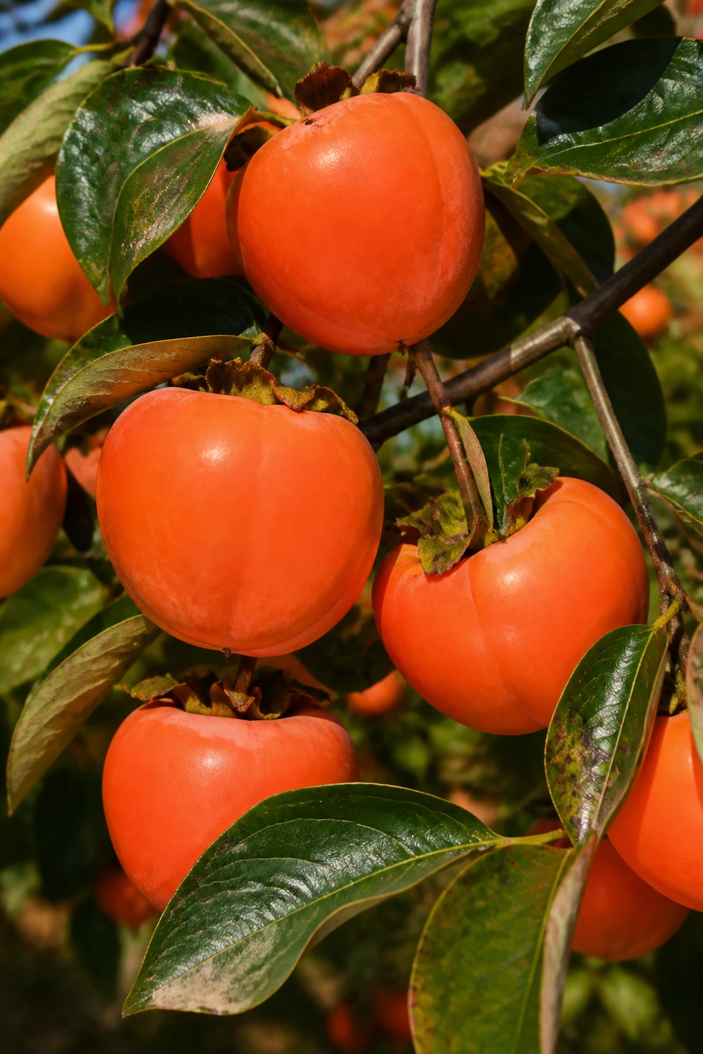 Close-up of persimmon fruit on a branch in an orchard with sunlight