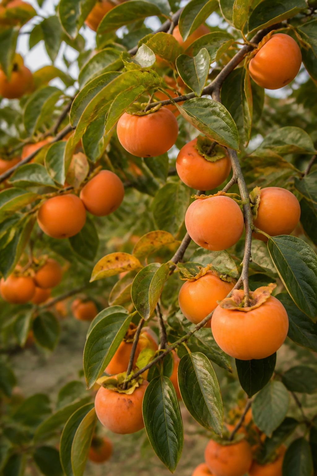 Close-up of a persimmon tree with orange fruit on branches in a garden