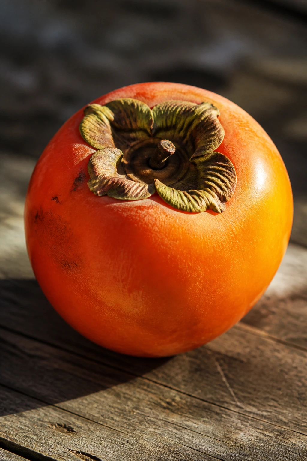 Persimmon on a weathered wooden table with warm lighting