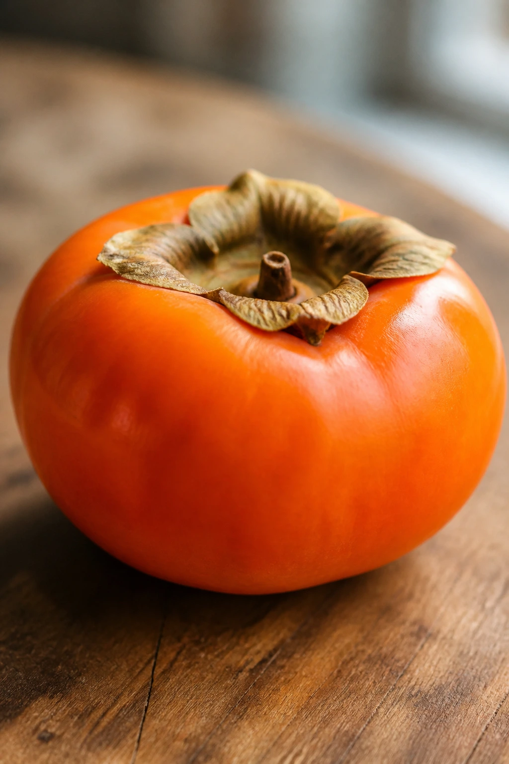 Single persimmon on wooden surface
