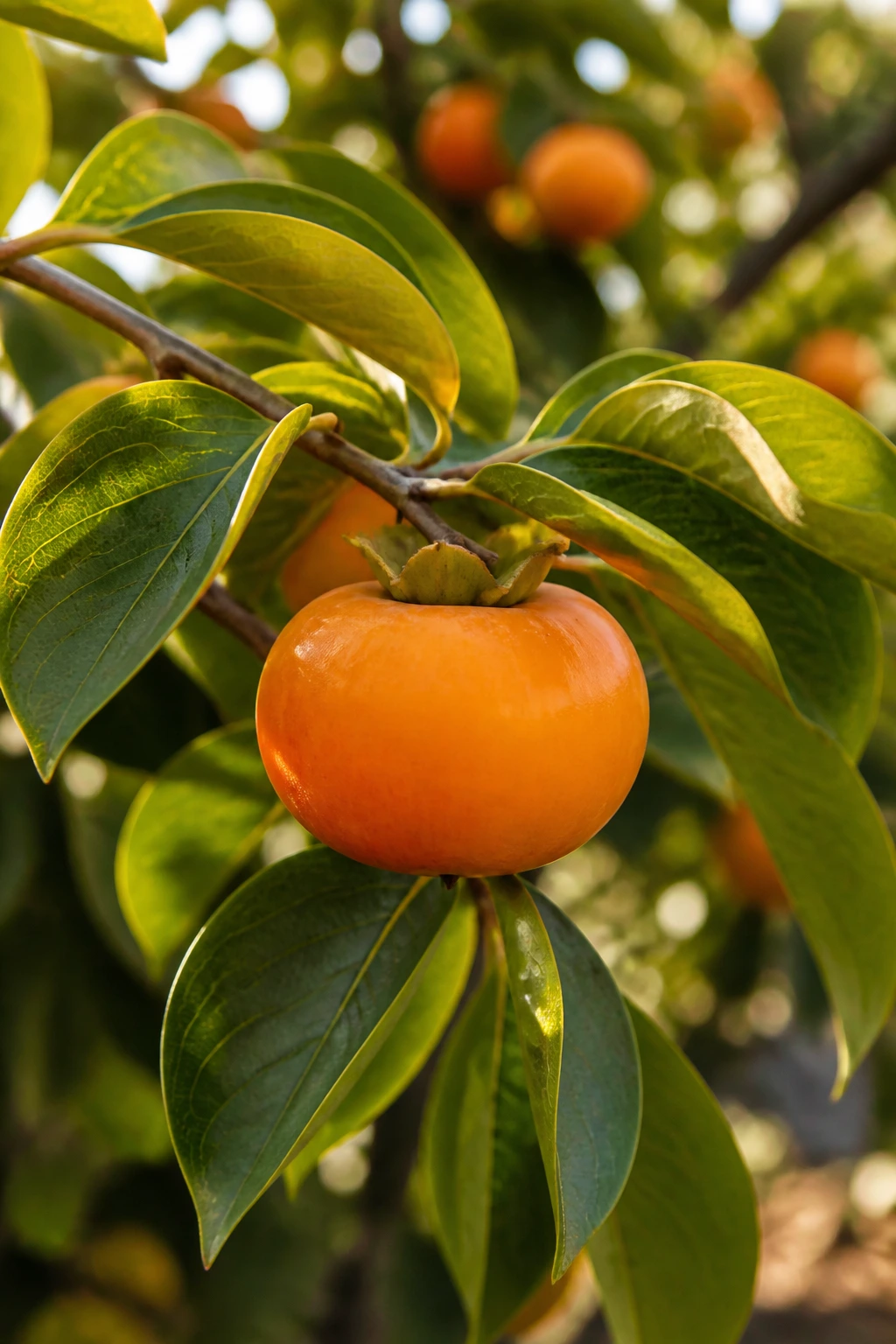 Close-up of a persimmon on a branch in a sunny garden