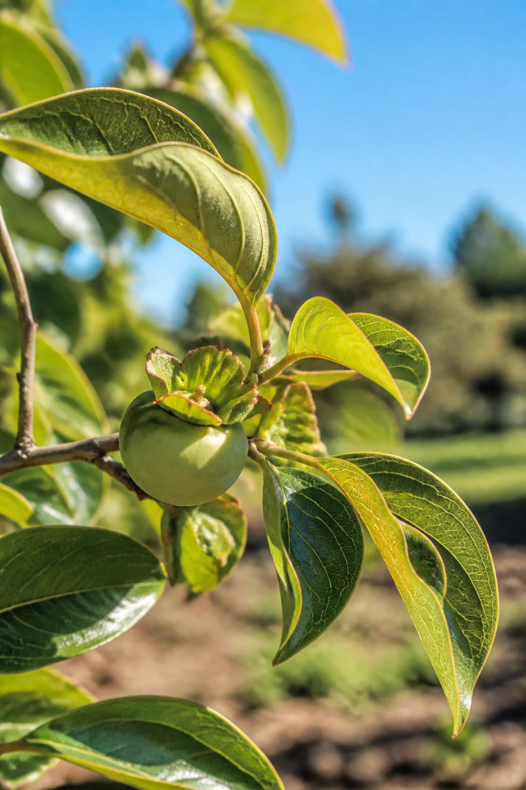 Healthy persimmon branch with new growth in a garden.
