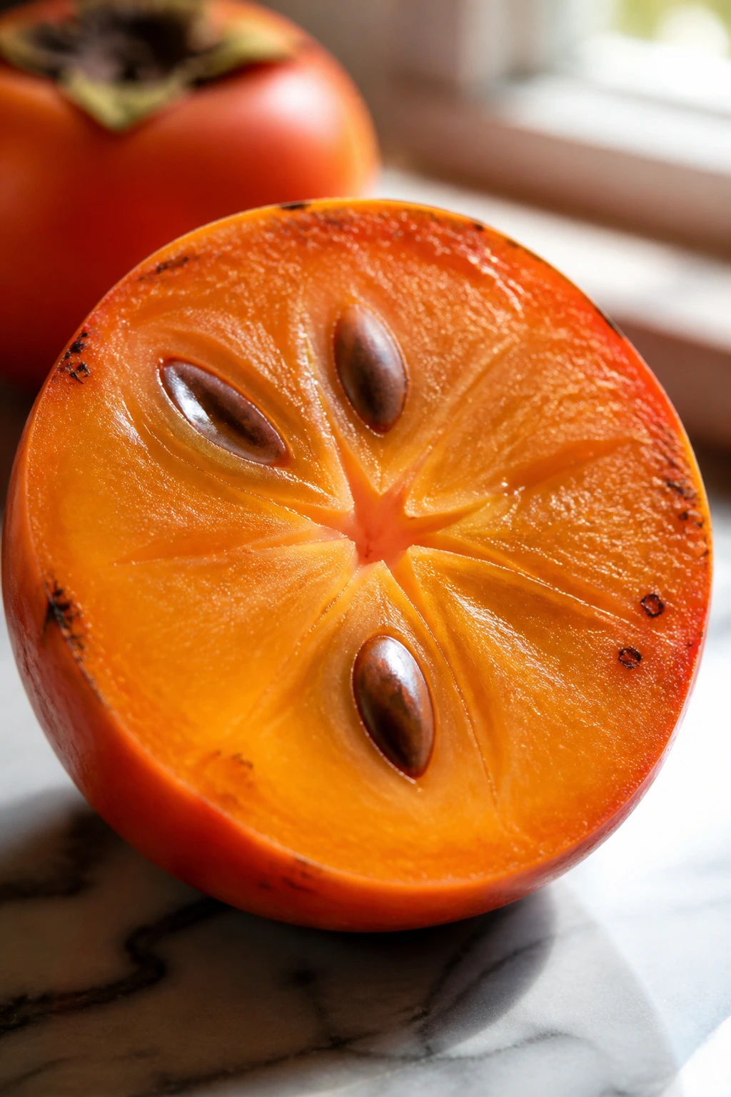 Why Are Persimmons So Expensive? Here's Why 4 Half persimmon with bright orange flesh and seeds