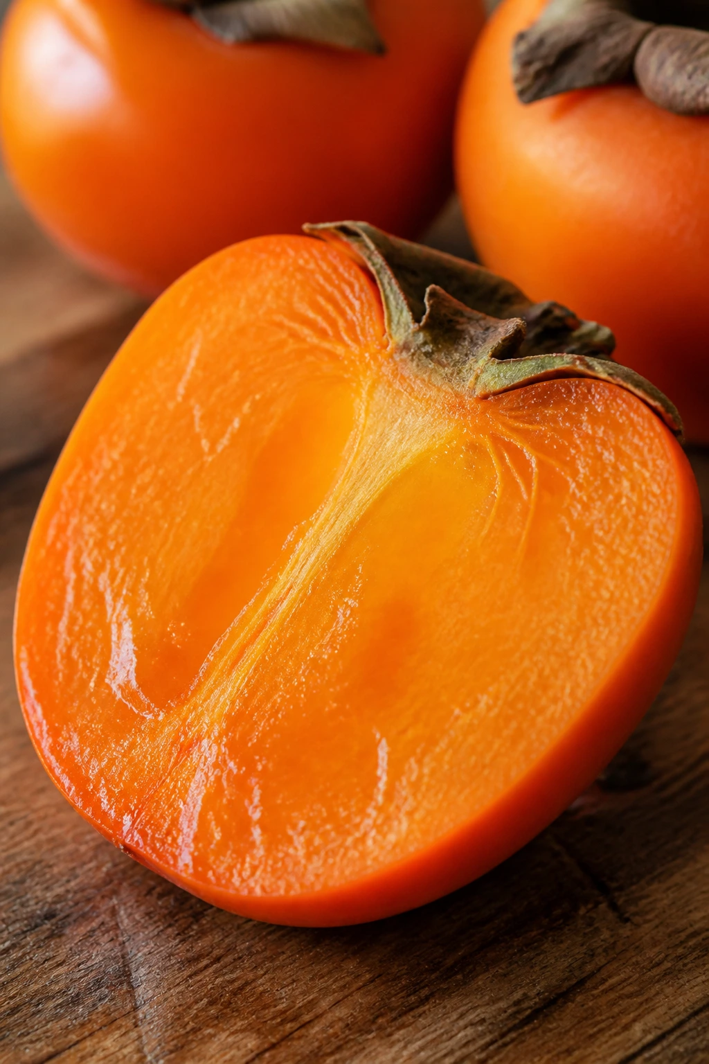 Halved persimmon showing vibrant flesh