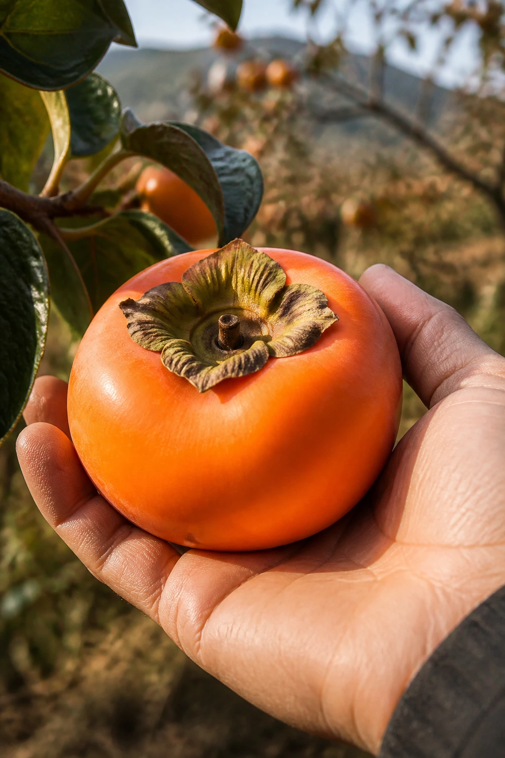 Why Are Persimmons So Expensive? Here's Why 3 Persimmon held in a farmer's hand in an orchard, close-up