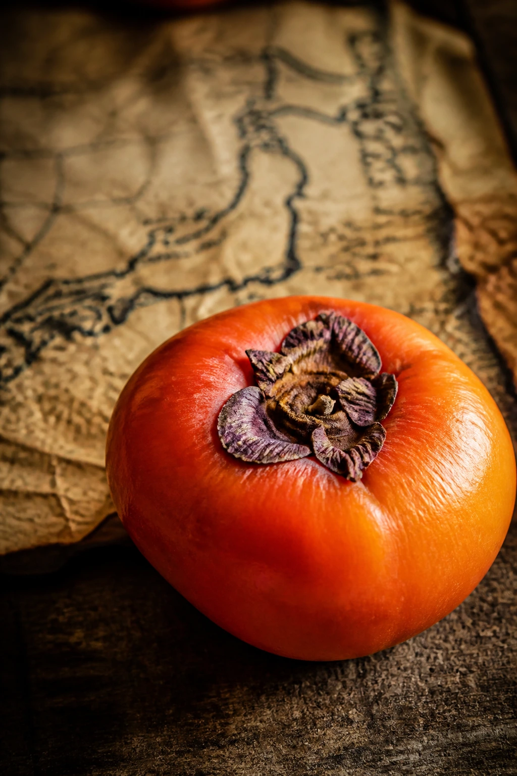 Persimmon with vintage parchment background alluding to history