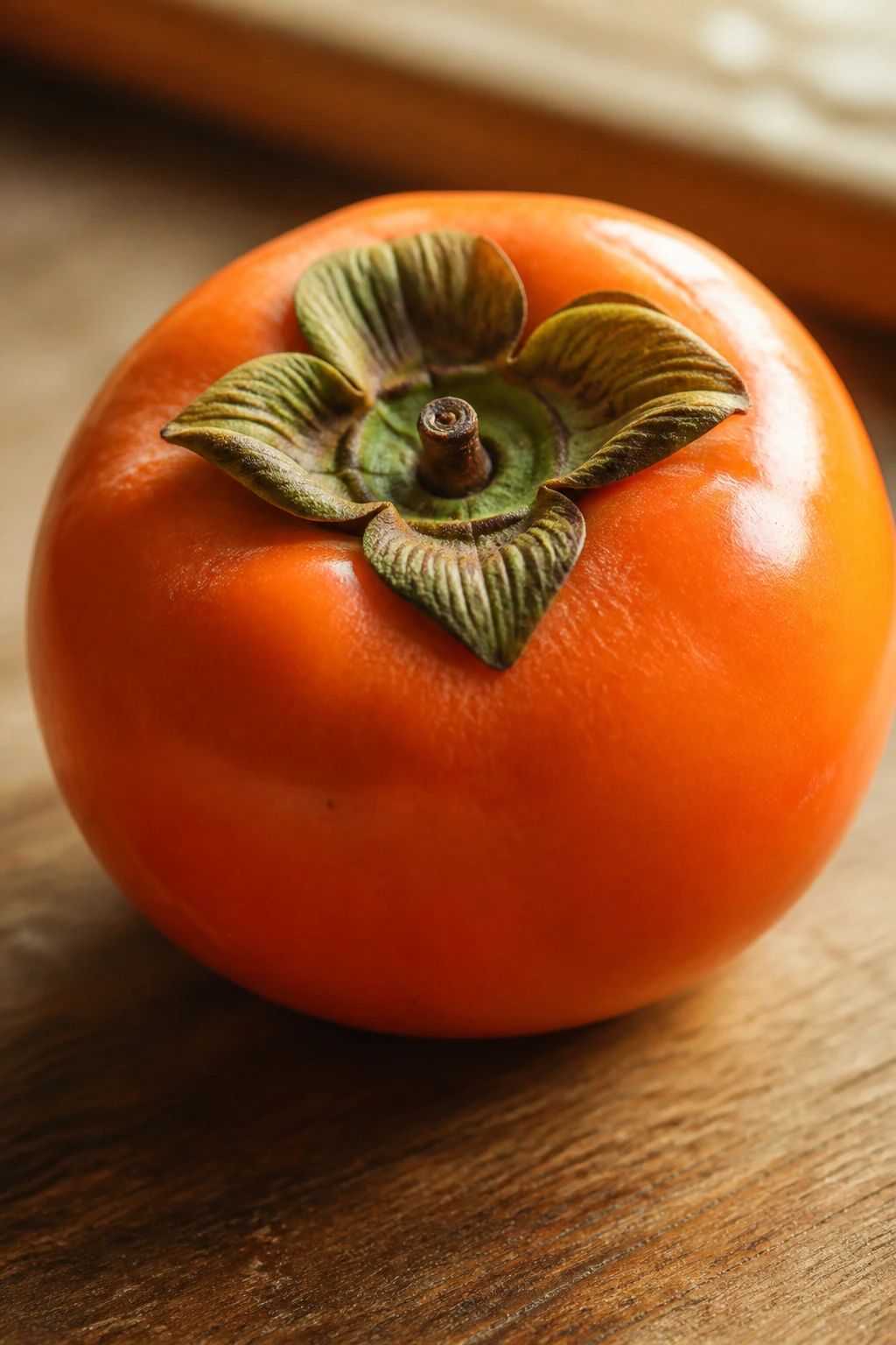 Close-up of a ripe kaki persimmon on a wooden counter